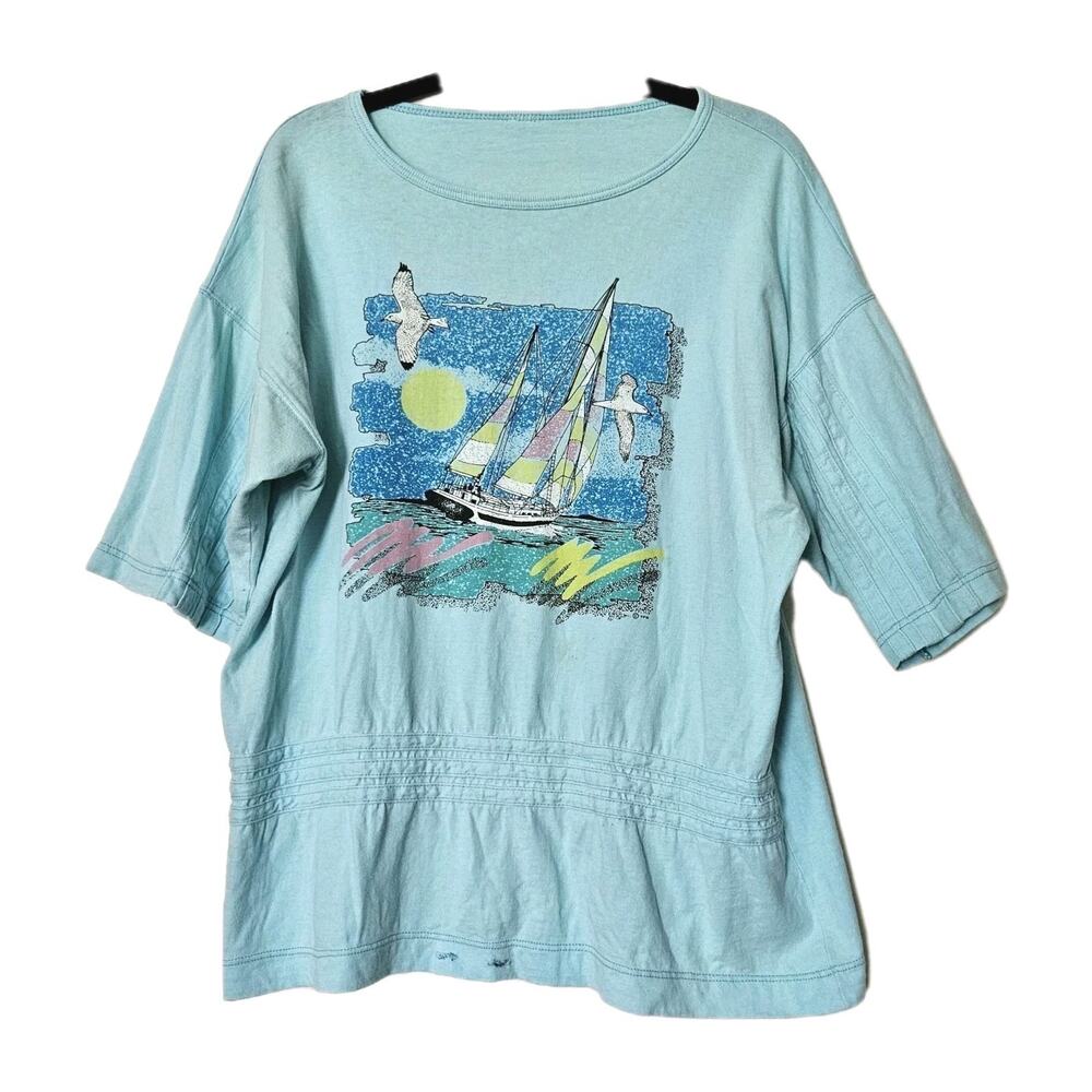 Vtg 80s Graphic Tshirt Size XL Blue Beach Sailboat Nautical Wearable Art Neon